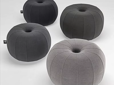 Gray Round Fabric Poufs With Pumpkin Shaped Stitched Design For Home Decor 3d model