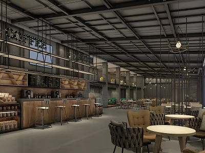 Industrial Style Café Interior With Wooden Bar Round Tables And Hanging Lights 3d model