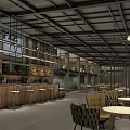 Industrial Style Café Interior With Wooden Bar Round Tables And Hanging Lights