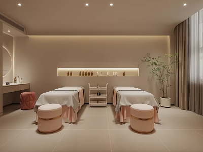 Tranquil SPA Room With Massage Beds Round Stools And Plants 3d model