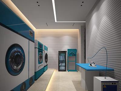 Modern Self Service Laundry Facility With Washing Machines Dryers And Ironing Station 3d model