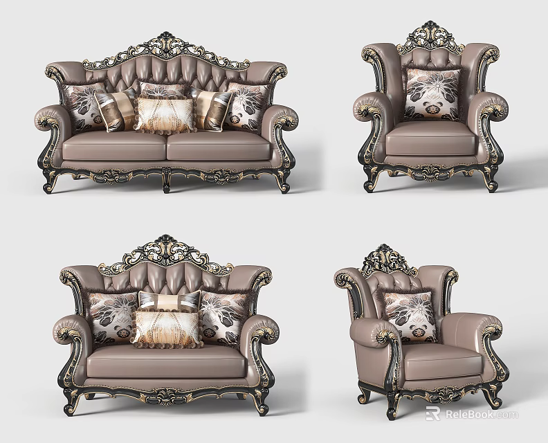 Classic Beige Sofa Set with Ornate Carved Details and Patterned Decorative Pillows 3d model