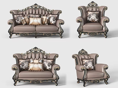 Classic Beige Sofa Set with Ornate Carved Details and Patterned Decorative Pillows 3d model