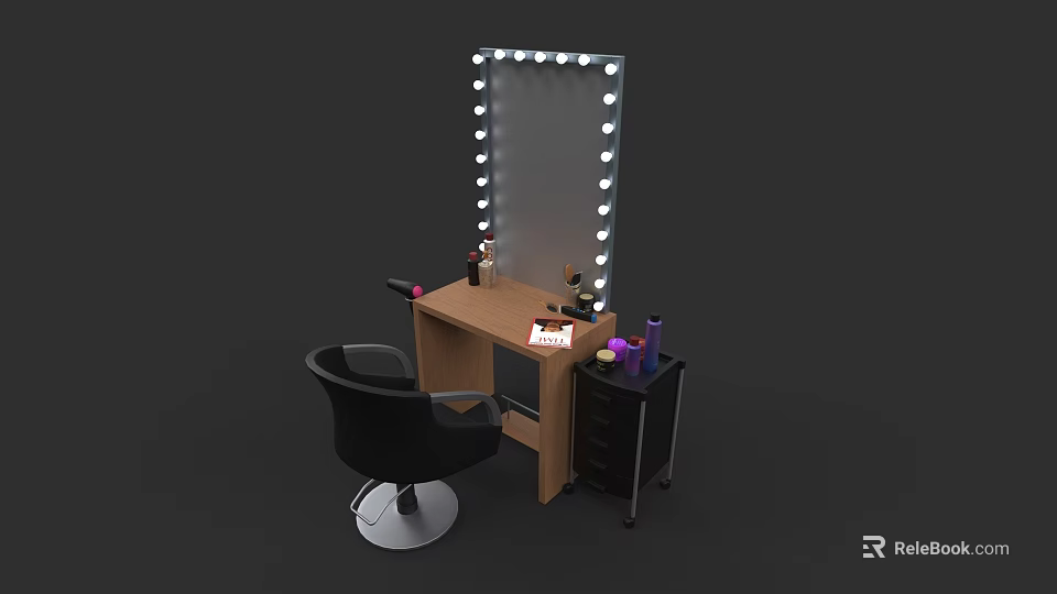 Black Bar Stool with Swivel Function in Vanity Setup Lighted Mirror Wooden Table and Cosmetics 3d model