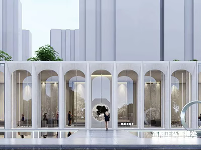 Elegant Modern Sales Office Building With White Exterior Arch Design And Glass Facade 3d model