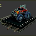Red Monster Truck Featuring Large Blue Wheels And Roof Equipment On Display Platform Road Surface