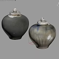 Two Handcrafted Ceramic Jars With Silver Lids Gray And Blue White Patterns