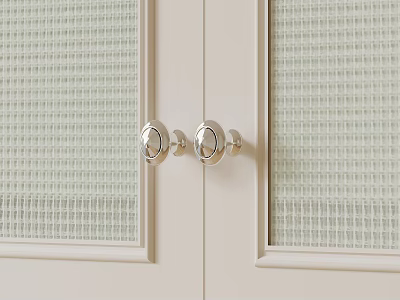 Double Doors With Grid Pattern Glass And Silver Round Door Knobs 3d model