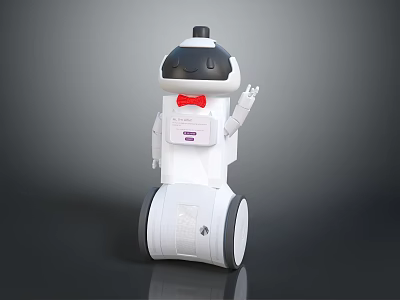 Smart Machine With White Body Black Head Red Bowtie Display Screen Mechanical Arm And Wheels 3d model