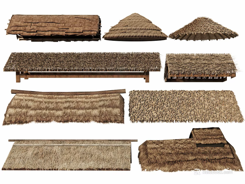 Assorted Thatch Canopies with Different Shapes for Outdoor Areas 3d model 