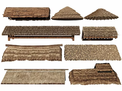 Assorted Thatch Canopies with Different Shapes for Outdoor Areas 3d model