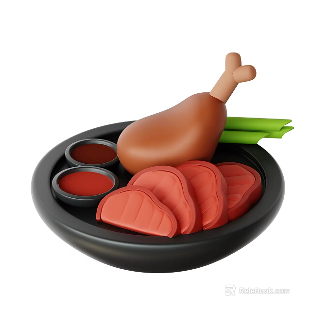 Juicy Chicken Leg with Red Meat Slices Red Sauce and Green Vegetables on Black Plate 3d model 