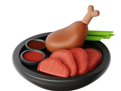 Juicy Chicken Leg with Red Meat Slices Red Sauce and Green Vegetables on Black Plate 3d model