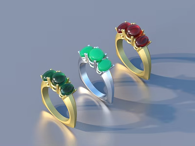 Elegant Gemstone Rings With Gold And Silver Bands Featuring Green Red Stones 3d model