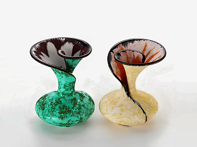 Decorative Glass Vases With Swirled Design Green Yellow Spotted Bulbous Base And Flared Top 3d model