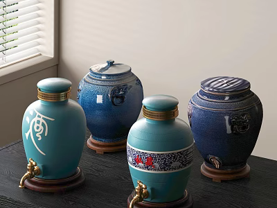 Decorative Blue And Teal Wine Bottles With Lids On Table Near Window With Blinds 3d model