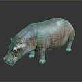 Realistic 3D Hippopotamus Figure With Gray Pink Body Green Feet On Dark Reflective Background