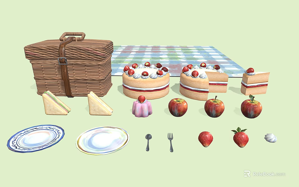 Outdoor Picnic Food Spread With Cake Strawberries Apples Sandwiches Basket And Checkered Tablecloth 3d model 