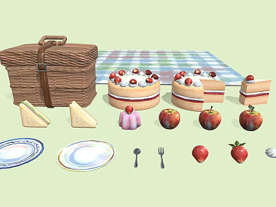 Outdoor Picnic Food Spread With Cake Strawberries Apples Sandwiches Basket And Checkered Tablecloth 3d model
