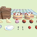 Outdoor Picnic Food Spread With Cake Strawberries Apples Sandwiches Basket And Checkered Tablecloth