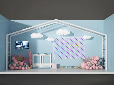 Light Blue Room Cloud Decorations Colorful Striped Board Pink Balloons TV And CUTE BOX Sign 3d model