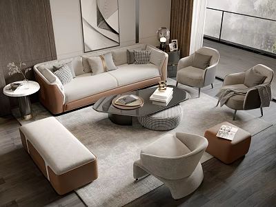 Modern Sofa and Coffee Table Set Living Room Interior with Armchairs and Ottoman 3d model