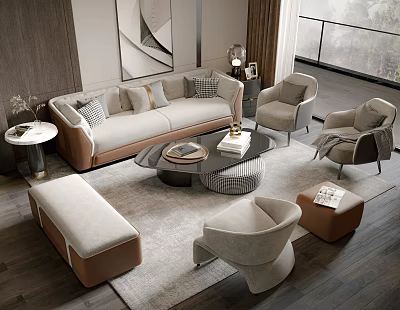Modern Sofa and Coffee Table Set Living Room Interior with Armchairs and Ottoman 3d model
