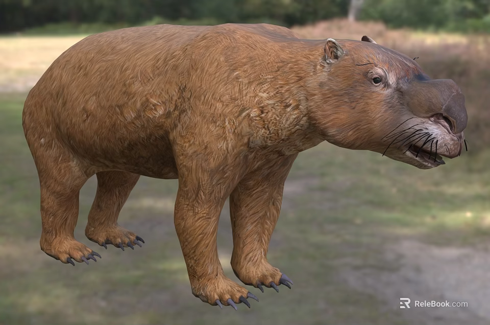 Prehistoric Reptile Model With Brown Furry Body Standing In Natural Grassland 3d model 