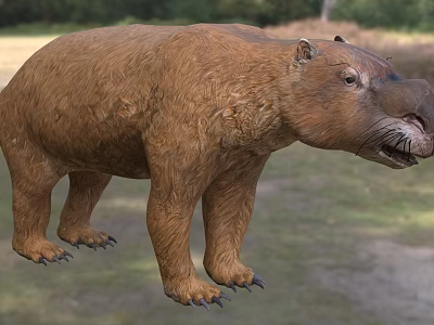 Prehistoric Reptile Model With Brown Furry Body Standing In Natural Grassland 3d model