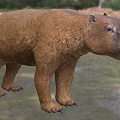 Prehistoric Reptile Model With Brown Furry Body Standing In Natural Grassland