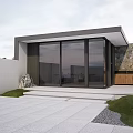 Modern House Exterior With Large Glass Doors Stone Wall Wooden Section Paved Steps And Grass