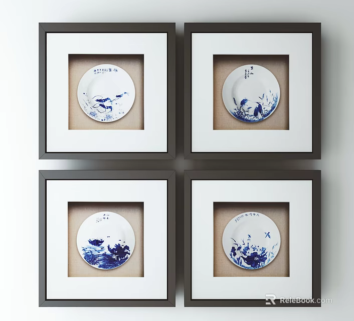 Four Framed Blue And White Porcelain Plates As Wall Decor With Traditional Patterns 3d model 