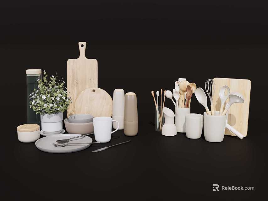 Modern Dinnerware Set With Ceramic Mugs Plates Spoons And Wooden Cutting Boards 3d model 