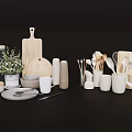 Modern Dinnerware Set With Ceramic Mugs Plates Spoons And Wooden Cutting Boards