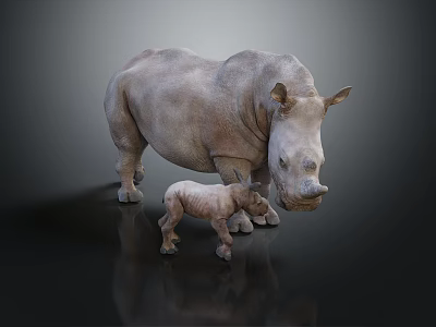 Large Adult Rhinoceros Standing With Small Baby Calf On Dark Reflective Surface 3d model