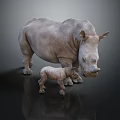 Large Adult Rhinoceros Standing With Small Baby Calf On Dark Reflective Surface