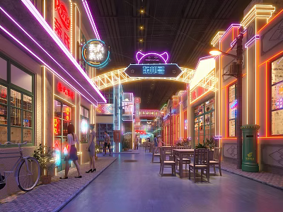 Vibrant Commercial Street With Neon Lights Traditional Modern Architecture Pedestrians And Outdoor Tables 3d model
