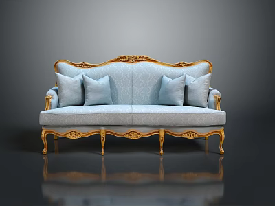 Elegant Classical Multi Person Sofa With Light Blue Upholstery Gold Carved Accents And Plush Decorative Cushions 3d model