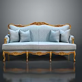 Elegant Classical Multi Person Sofa With Light Blue Upholstery Gold Carved Accents And Plush Decorative Cushions
