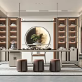 Elegant Chinese Style Tea Room Interior Design With Wooden Tea Table Stools And Decorative Shelves