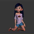 Girl with long blue hair in pink T-shirt and blue shorts kneeling on gray background