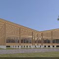Wooden Pavilion with Sloped Roof Large Glass Windows in Natural Tree Surrounded Grassland