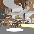 Kindergarten Indoor Space With Tree Structure Spiral Slide Wooden Tables And Colorful Floor