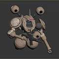 Game And Movie Character Mechanical Robot With Beige Color Red Eyes Multiple Circular Components Weapon