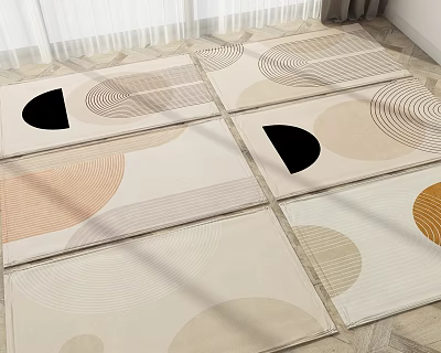 Geometric Patterned Rugs With Beige Black Orange Circular Shapes And Lines Laid On Floor 3d model