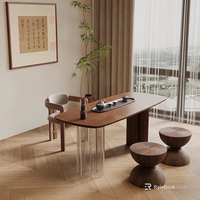 Modern Chinese Wooden Tea Table and Chairs with Stools Tea Set Near Window Plant 3d model 