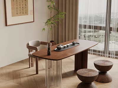 Modern Chinese Wooden Tea Table and Chairs with Stools Tea Set Near Window Plant 3d model