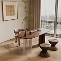 Modern Chinese Wooden Tea Table and Chairs with Stools Tea Set Near Window Plant