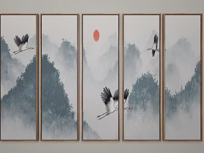 Chinese Landscape Paintings Five Panel Screen Featuring Mountains Misty Clouds Flying Cranes And Red Sun 3d model