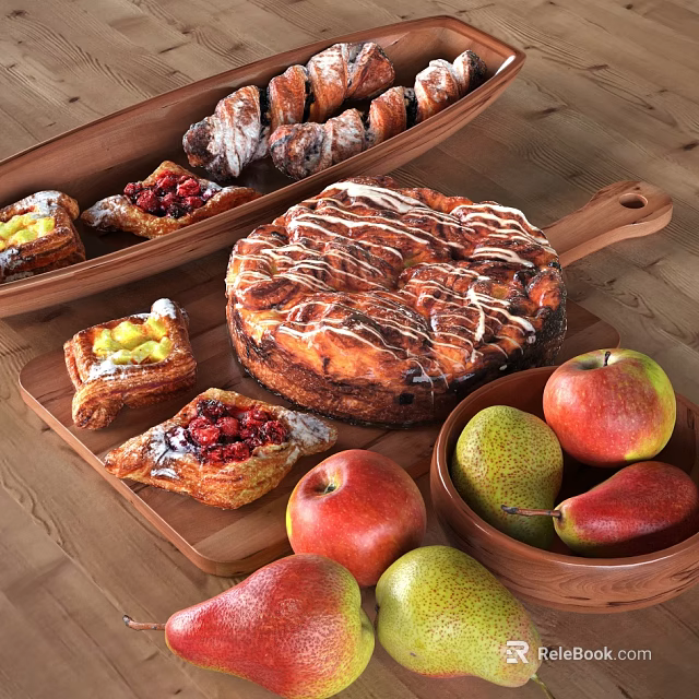 Assorted Fresh Pastries Including Croissants Fruit Tarts Swirl Pastry Apples And Pears On Wooden Tray 3d model 
